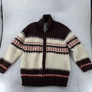 Fair Isle Wool Full Zip Sweater Mens XL Brown Cream Lined Chunky Knit Raglan‎